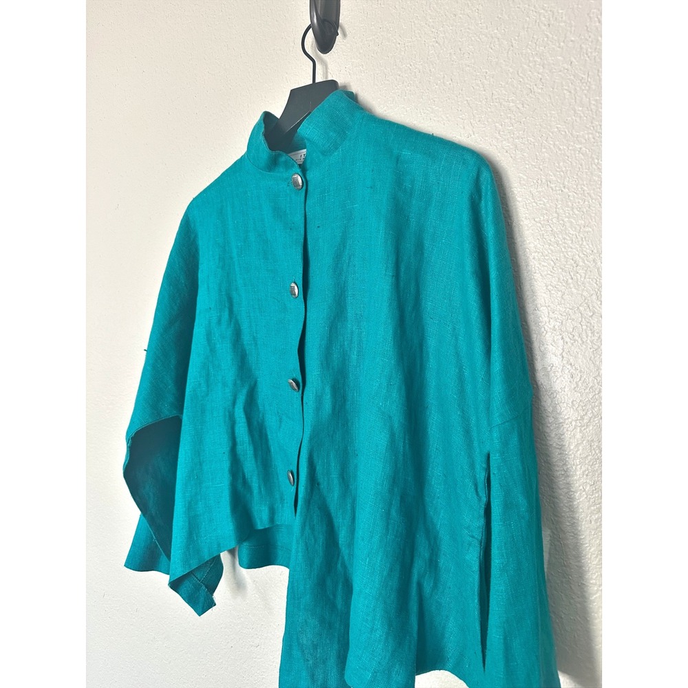 Itemz Chris Baumgartner Teal Linen Jacket Asymmetrical Lagenlook Art to Wear OS - Picture 3 of 8